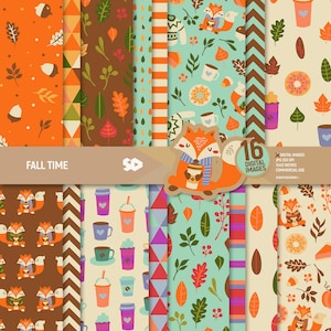 Fall time digital paper pack, fox scrapbook pages, coffee patterns, autumn leaves. Thanksgiving Halloween Pumpkin background. Commercial use