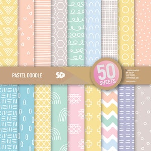 50 Pastel doodle digital paper pack. Patterns scrapbooking pages. Spring background bundle scrapbook sheets printable. Commercial use. image 1