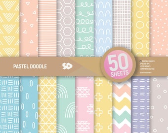 50 Pastel doodle digital paper pack. Patterns scrapbooking pages. Spring background bundle scrapbook sheets printable. Commercial use.