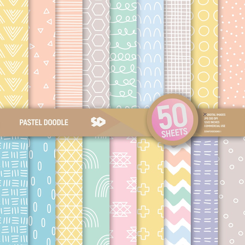 50 Pastel doodle digital paper pack. Patterns scrapbooking pages. Spring background bundle scrapbook sheets printable. Commercial use. zdjęcie 1