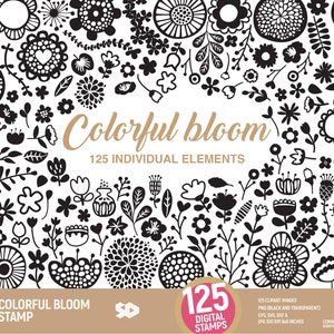 Bloemen clipartbundel, bloemen clip art digitale stempel, lente gelijkspel vectorillustratie. Kleurrijke bloei. Png SVG DXF EPS. Commercieel gebruik.