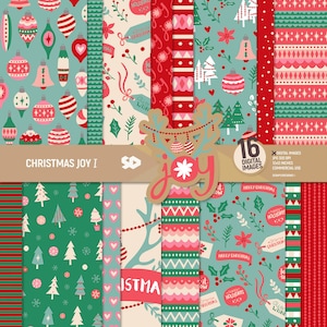 Paquete de papel digital Christmas Joy I, páginas para álbumes de recortes con bolas navideñas, patrón de árbol de Navidad, fondo con etiquetas navideñas, ciervo. Uso comercial