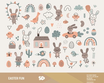 Easter fun clipart, bunny clip art, boho floral clipart, neutral rainbow draw vector, spring illustration, eggs rabbit chick, commercial use