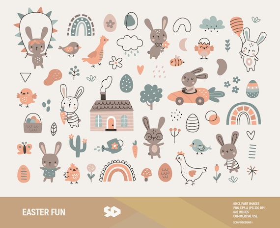 Easter fun clipart, bunny clip art, boho floral clipart, neutral rainbow draw vector, spring illustration, eggs rabbit chick, commercial use