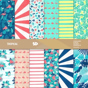 Pacchetto di carta digitale tropicale. Pagine di scrapbooking con fenicotteri, sfondo estivo, motivo di fogli di scrapbooking con ananas, festività. Uso commerciale.