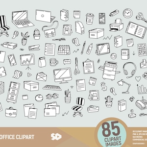 Sello de oficina. Clip art de papelería de trabajo. Ilustración de suministros de oficina. Agenda, artículos de escritorio, computadora portátil, cinta washi, cuaderno. PNG JPG