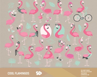 Cool flamingos clipart, flamingo clip art, tropical clipart, hipster draw, vector printable, illustration leaves bicycle hat. Commercial use