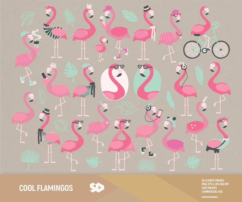 Może przedstawiać: Zestaw 36 cyfrowych obraz&oacute;w clipart przedstawiających r&oacute;żowe flamingi w r&oacute;żnych pozach i strojach. Flamingi noszą okulary przeciwsłoneczne, kapelusze i inne akcesoria. Niekt&oacute;re jeżdżą na rowerach, trzymają kubki do kawy i słuchają muzyki. Obrazy idealnie nadają się do dodania odrobiny zabawy i fantazji do Twoich projekt&oacute;w.