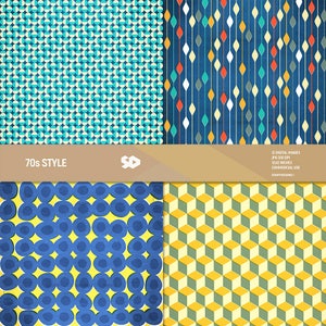 May include: Four digital paper patterns in a 70s style. The patterns are a blue and green geometric pattern, a blue pattern with vertical lines and red, orange, and white diamonds, a blue and yellow pattern with circles and stars, and a yellow and green pattern with cubes.