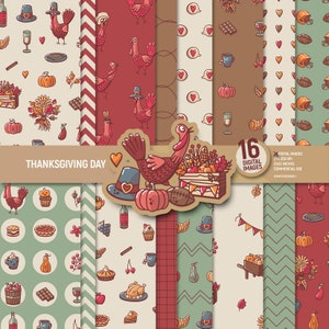 Digitaal papier voor Thanksgiving Day. Scrapbookpagina&#39;s in de herfst van Turkije. Pompoenvoedselvellen Oogstpatroon pelgrimachtergrond Commercieel gebruik