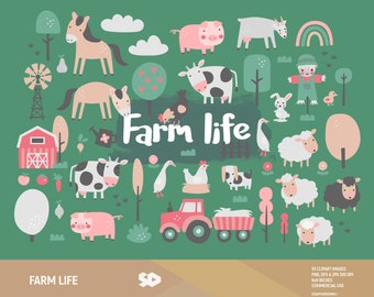 May include: A collection of farm-themed clipart on a green background. The image includes illustrations of farm animals such as horses, pigs, cows, sheep, and chickens. A red tractor, a barn, and the words "Farm life" are also featured.