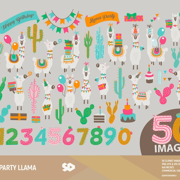 Party llama clipart, cactus clip art, alpaca clipart, animals draw, vector printable, illustration boho aztec indy birthday, commercial use.