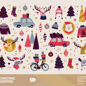 クリスマス ショッピング クリップアート、クリスマス プレゼント クリップアート。木、トナカイ、服、車、自転車、ボール、ベクター イラストを描きます。商用利用可。