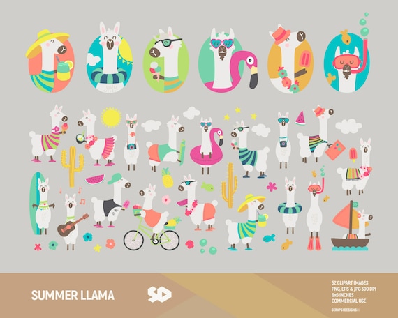 Summer llama clipart, cactus clip art, alpaca clipart, hawaii draw, vector printable, illustration aztec tropical vacations, commercial use.