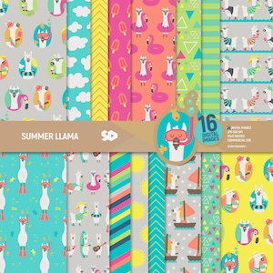 Paquete de papel digital de llamas de verano, páginas de álbum de recortes de cactus, patrones de alpaca, vacaciones tropicales aztecas en Hawái, fondo. Uso comercial.