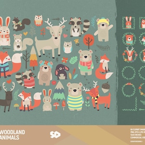 Bosdieren clipart, bos illustraties, dieren clipart, grens, tekenen, vector afdrukbaar, illustratie vos uil herten beer, commercieel gebruik.