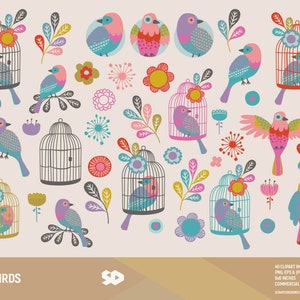鳥のクリップアート。花のクリップアート、鳥かごのクリップアート、葉、鳥のスクラップブック、花。ベクター印刷可能、イラスト。商用利用可。