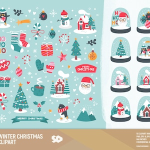 Clipart navideño de invierno, clipart de Papá Noel, árbol de Navidad, dibujo de una casa de invierno con bola de nieve, garabato, ilustración vectorial. Uso comercial.