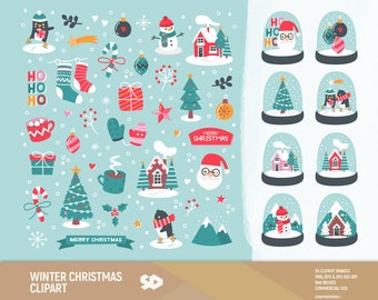 Winter Christmas clipart, Santa clip art, Christmas tree, snow globe winter house draw, doodle, vector illustration. Commercial use