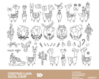 Christmas llama clipart bundle, cactus clip art, alpaca digital stamp, vector, ornament santa's llama. Png Jpeg SVG DXF EPS. Commercial use.