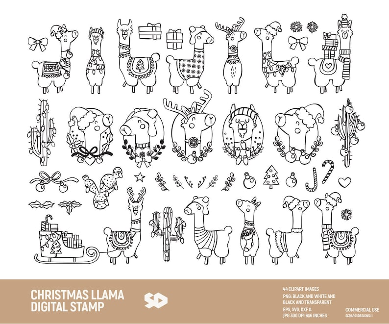 Christmas llama clipart bundle, cactus clip art, alpaca digital stamp, vector, ornament santa's llama. Png Jpeg SVG DXF EPS. Commercial use. image 1