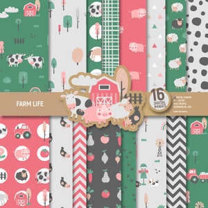 Farm life digital paper pack, animals scrapbook pages, nursery school kids forest country pattern background instant download COMMERCIAL USE