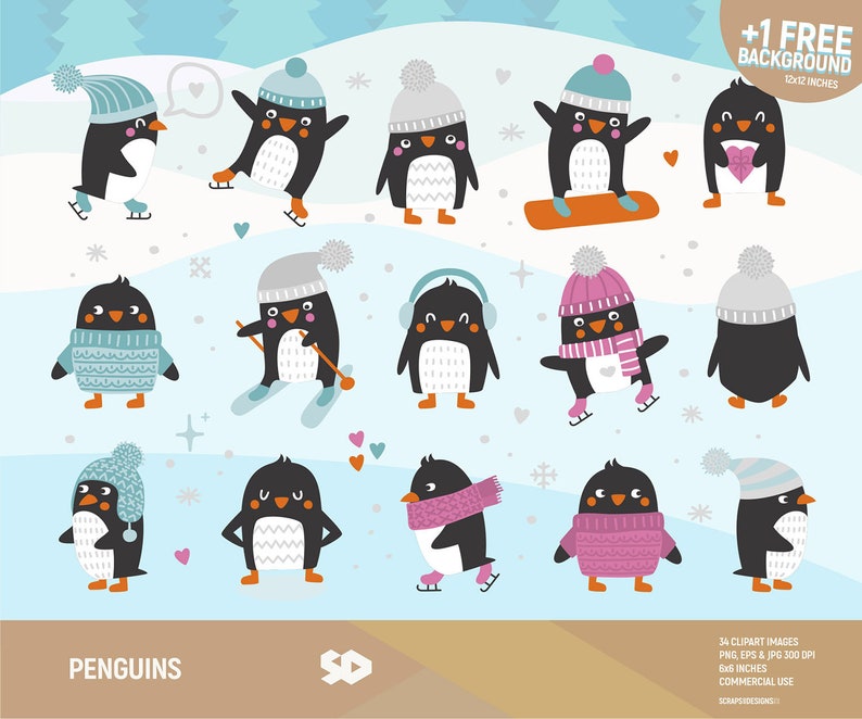 May include: A set of 34 penguin illustrations in various winter outfits, including hats, scarves, sweaters, and earmuffs. The penguins are on a blue and white background with snowflakes and hearts. The illustrations are in PNG, EPS, and JPG format and are 6 inches by 6 inches.