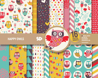 Happy owls digital paper pack, owl scrapbook pages, floral patterns, butterflies drops flowers, background instant download. Commercial use.