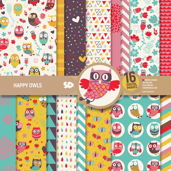 Happy owls digital paper pack, owl scrapbook pages, floral patterns, butterflies drops flowers, background instant download. Commercial use.