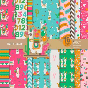 Partij lama digitaal papierpakket, plakboekpagina's cactus, alpacapatroon, verjaardag verjaardag achtergrond, instant download. Commercieel gebruik.