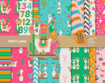 Party llama digital paper pack, cactus scrapbook pages, alpaca pattern, birthday anniversary background, instant download. Commercial use.