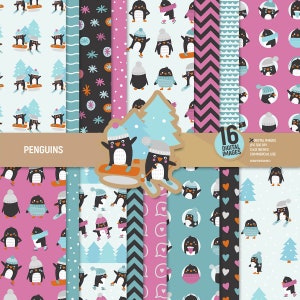 Papel digital de pingüinos, páginas de álbum de recortes de pingüinos, patrón de invierno, fondo imprimible de nieve. Patinaje sobre hielo, esquí, snowboard. Uso comercial.