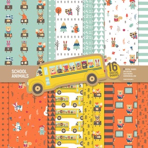 School animals digital paper pack, woodland scrapbook pages, kids patterns, back to school animals, teacher background. Commercial use.