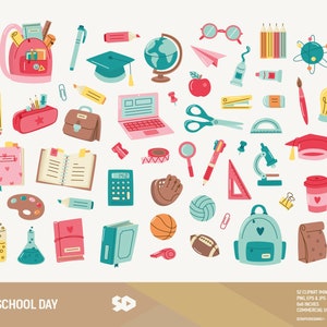 Imágenes prediseñadas de día escolar, regreso a clases, imágenes prediseñadas de maestro, aula, ilustración de mochila, libros, lápiz, escuela, vector imprimible. Uso comercial