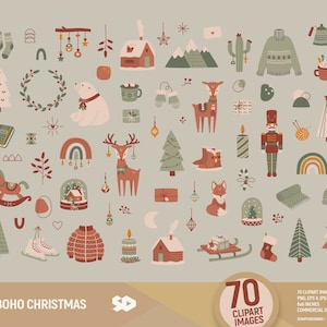 Clipart navideño bohemio, clip art rústico nórdico elegante neutro, dibujo navideño de animales, vector de bosque, ilustración de invierno. Uso comercial.