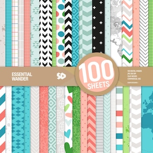 Op de afbeelding: Een verzameling van 100 vellen papier met verschillende patronen, waaronder chevrons, stippen en geometrische vormen. Het kleurenpalet omvat teal, koraal, zwart en wit. De tekst "ESSENTIAL WANDER" en "100 SHEETS" zijn zichtbaar.