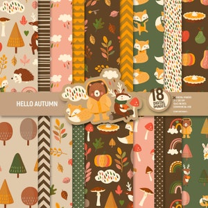 Olá, papel digital de outono. Páginas de scrapbooking de animais de outono. Padrão de folhas de scrapbook de folhas de abóbora, fundo de floresta. Uso comercial.