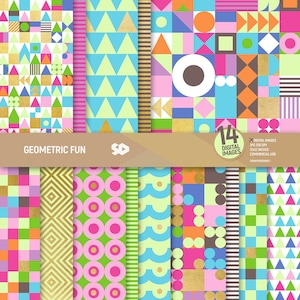 Paquete de papel digital geométrico divertido, páginas abstractas para álbumes de recortes, patrones geométricos brillantes, fondo de triángulos, sello dorado retro. Uso comercial