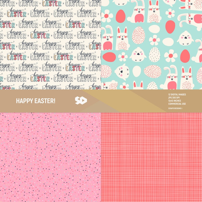 May include: A digital paper pack with four different patterns. The first pattern is white with the text "Happy Easter" repeated in black. The second pattern is light blue with white bunnies, chicks, eggs, and flowers. The third pattern is pink with small black dots. The fourth pattern is red with a white grid.