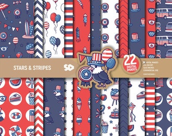 Stars and stripes digital paper, 4th of July independence day patterns, USA flag background, fourth of July patriotic pages. Commercial use.