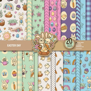 Easter Day digital paper, bunny scrapbook pages, floral pattern, spring rainbow eggs rabbit chick background, instant download. Commercial