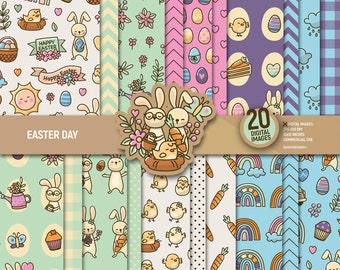 Easter Day digital paper, bunny scrapbook pages, floral pattern, spring rainbow eggs rabbit chick background, instant download. Commercial