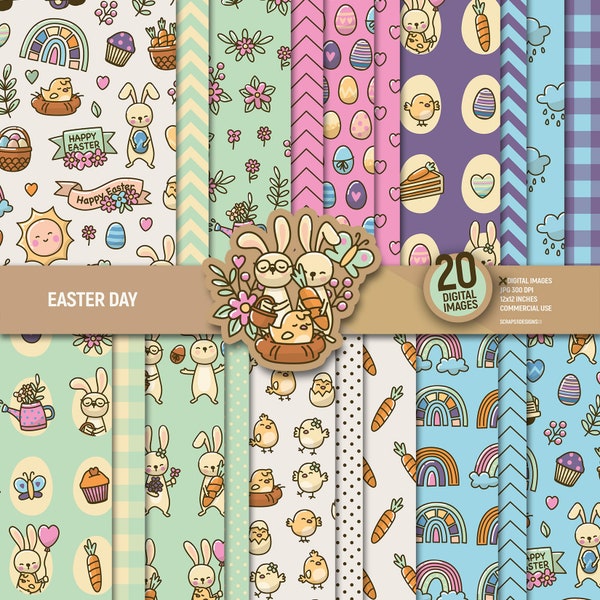 Easter Day digital paper, bunny scrapbook pages, floral pattern, spring rainbow eggs rabbit chick background, instant download. Commercial