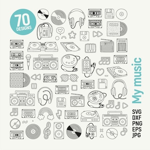 Mi paquete de imágenes prediseñadas musicales, garabato vintage retro de los años 80 y 90. Vinilo, boombox, iconos de casetes. SVG dxf PNG eps JPG, Archivo de corte, Silueta Cricut.
