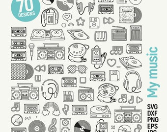 My Music Clipart Bundle, Retro 80s 90s vintage doodle. Vinyl, boombox ,cassettes icons. SVG dxf PNG eps JPG, Cut file, Cricut Silhouette.