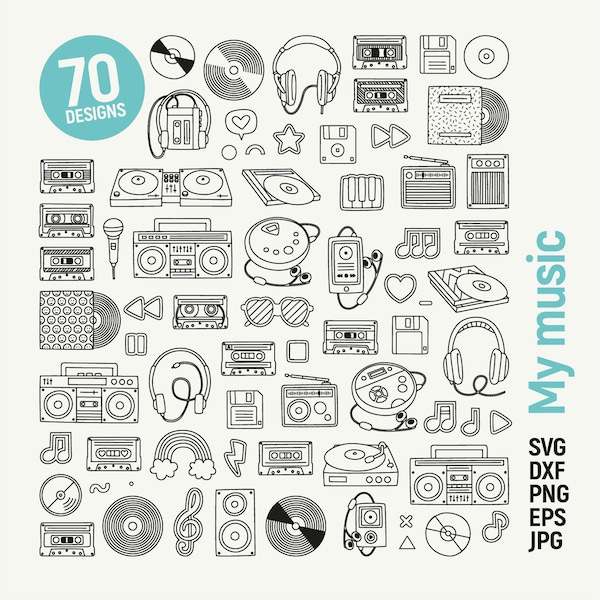 Bundle de cliparts musique, doodle vintage rétro des années 80 et 90. Icônes vinyle, boombox, cassettes. SVG dxf PNG eps JPG, fichier de coupe, Silhouette Cricut.