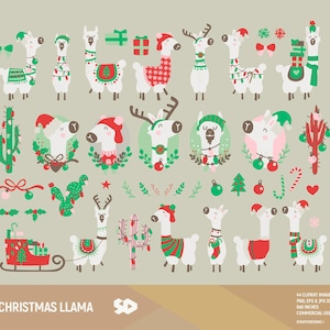 Kerst lama clipart, cactus illustraties, alpaca clipart, dieren tekenen, vector afdrukbare, boho Azteekse ornament santa's lama. Commercieel gebruik.