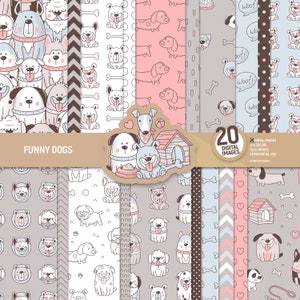 Paquete de papel digital de perros divertidos, páginas de álbum de recortes de perros, patrones, cachorro, mascotas, animales, perro salchicha, descarga instantánea de fondo, uso comercial.