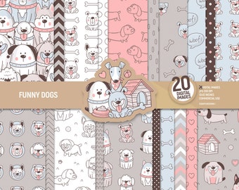 Funny dogs digital paper pack, dog scrapbook pages, patterns, puppy, pets, animals, dachshund ,background instant download, Commercial use.