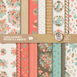 Elementi floreali, bouquet e ghirlande, carta digitale, pagine di album, motivi floreali, sfondo di foglie, inviti. Uso commerciale.